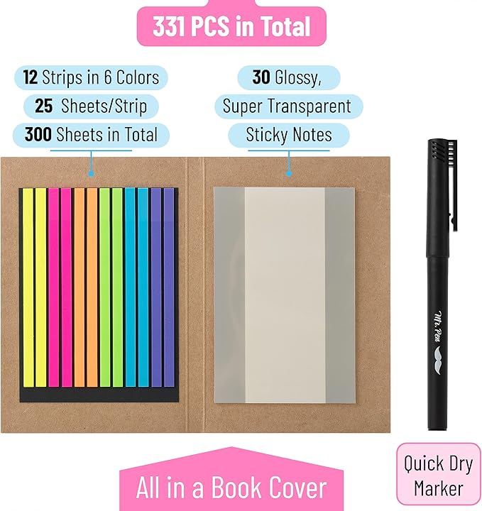 Mr. Pen Transparent Bible Highlighter Tape and Note Set, 331 Pcs - Highlighter Strips, Index Tabs, Sticky Notes