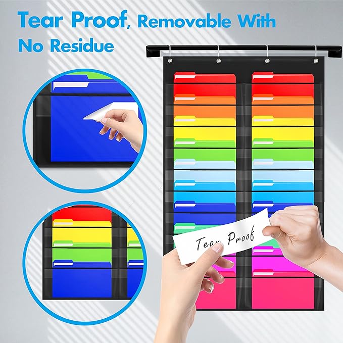 Storage Pocket Chart, Heavy Duty Wall File Organization Folder with 20 Clear File Pockets, 20 Blank Dry-Erase Name Stickers Plus 4 Over Door Hooks for Files, Classroom & Office (Black, 28.5” X 47”)