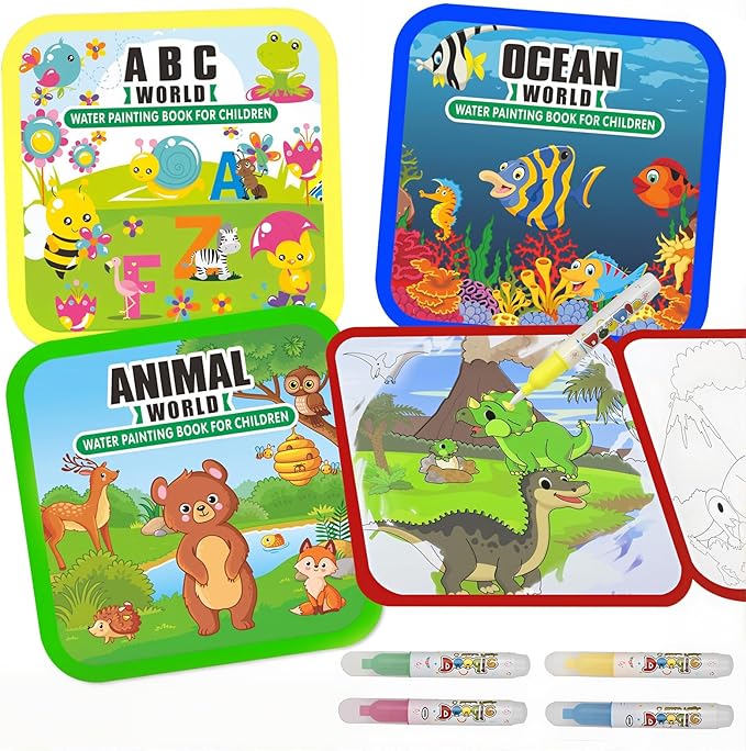 Water Painting Books for Toddlers, 4 Pack Reusable Magic Water Coloring Book with Water Pen Fairy Tale for Ages 3+, Water Doodle Book Travel Toys for Kids(Mix-4color)