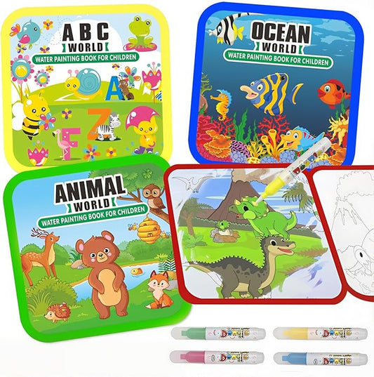 Water Painting Books for Toddlers, 4 Pack Reusable Magic Water Coloring Book with Water Pen Fairy Tale for Ages 3+, Water Doodle Book Travel Toys for Kids(Mix-4color)