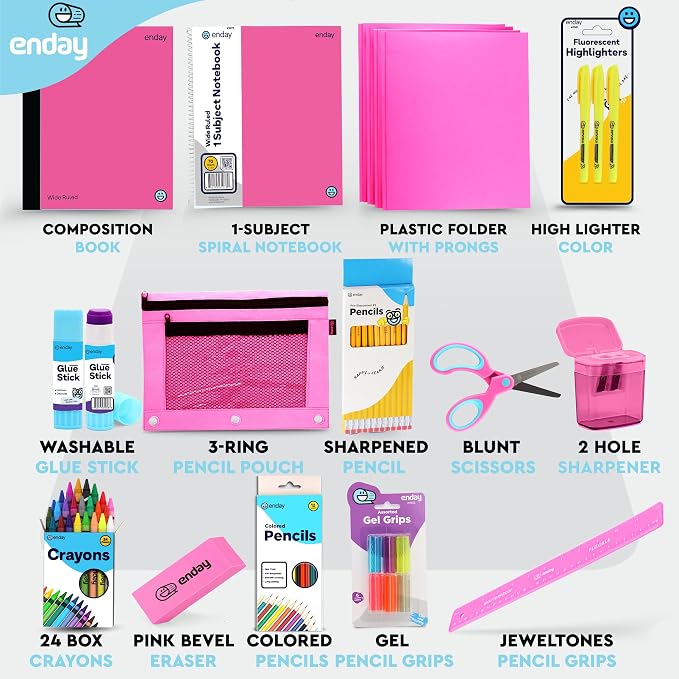 Enday Back to School Supplies for Kids, Pink School Supply Box Grades K-5, Premium Quality Kids School Kit, Kindergarten Supplies for Girls and Boys, 78 Piece Set