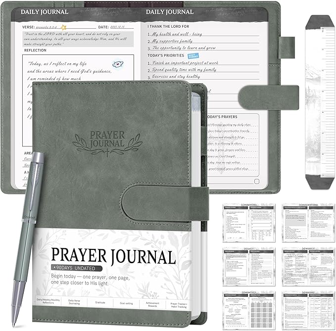 Ospelelf Green Faux Leather Prayer Journal - Christian Gift Journal for Women & Men, Daily Devotional Planner Notebook for Bible Study, Gratitude & Reflection, Undated 3-Month