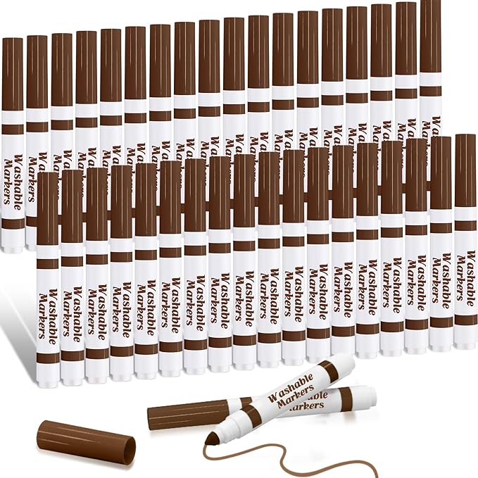 36 Pcs Dark Brown Washable Markers Bulk Coloring Broad Line Markers for Kids Conical Tip Drawing Pen for Christmas, School, Travel Art Baby Shower Gender Reveal Party Supplies, Ages 6+