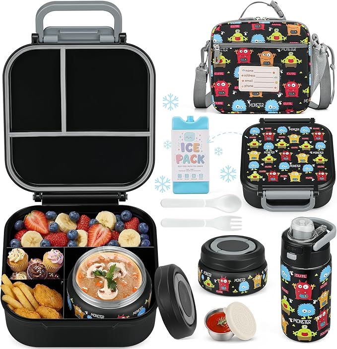 Bento Lunch Box for Kids with 7oz Soup Thermo,Insulated Stainless Steel Kids Water Bottle with Straw and Insulated Lunch Bag,Leak-Proof Lunch Food Container with Ice Pack for School (Black-Cute)