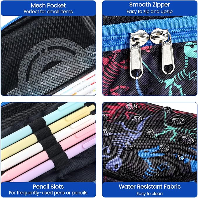Cambond Pencil Case for Boys - School Pencil Pouch Kids, Black Dinosaur | Cute Pencil Case for Kids With Name Card and Slot, Boys Aesthetic Shool Supplies for Staionary, Water-Resistent Pen Bag