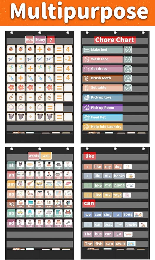 Yoink 10+2 Pockets Standard Pocket Chart, Clear 10 Pockets for Alphabet Learning with 2 Extra Storage Pocket, Chore Chart, Word Wall and Sentence Strips Chart for Classroom, Black (44.9" x 28.1")