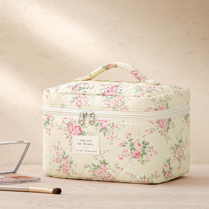 HBselect Quilted Makeup Bag, 3Pcs Cotton Large Travel Makeup Bags Organizer | Cute Floral Make up Bag Cosmetic Bag Toiletry Bag for Women Girls, Makeup Pouch for Skincare, Brushes & Travel Essentials