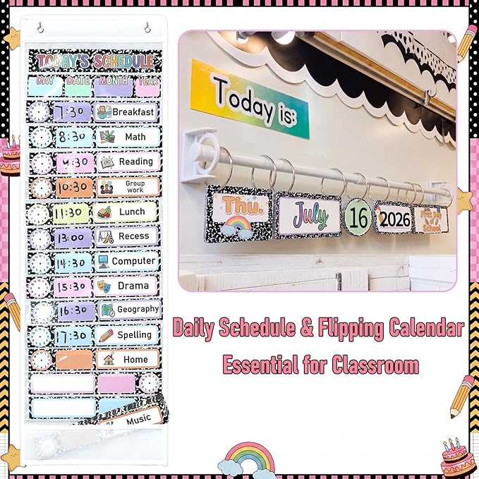 Colarr Classroom Daily Schedule and Magnetic Flip Calendar Bulletin Board Set Classroom Schedule Cutesy Visual Back to School Theme Decor for Preschool Elementary School Home Activity Supplies
