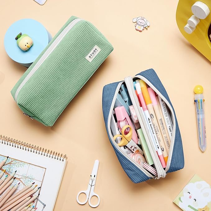 KALIDI Large Pencil Case Corduroy Pencil Pouch Box Cute School Supplies for Teen Girls Boys, Navy Blue