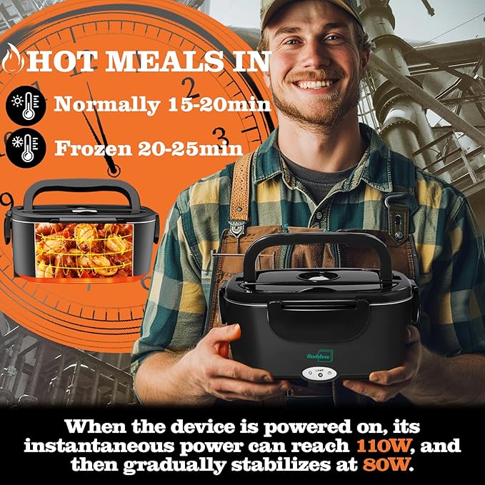 Buddew Electric Heated Lunch Box, 80W Fast Heating, 1.5L Food-Grade 304 Stainless Steel, 12V/24V/110V Portable Food Warmer for Car Truck Office Adults, Lonchera Electrica Portatil (Black)