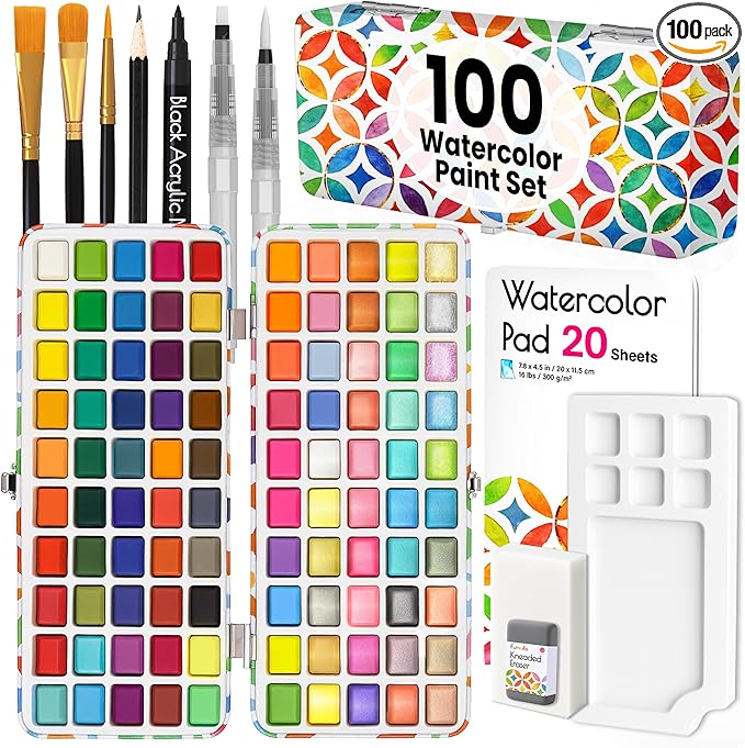 100 Watercolor Paint Set - Water Colors Paint for Adult, Beginners, Professional Artists | Watercolor Palette with Paper, Brushes, Pen | Travel Painting Kit, Art Supplies for Adults