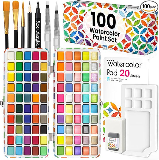 100 Watercolor Paint Set - Water Colors Paint for Adult, Beginners, Professional Artists | Watercolor Palette with Paper, Brushes, Pen | Travel Painting Kit, Art Supplies for Adults