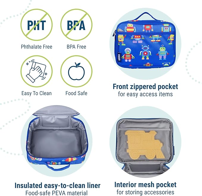 Wildkin Kids Insulated Lunch Box, Keeps Food Hot or Cold, BPA-Free with Mesh Pockets & Easy-Clean Lining – Ideal for School, Travel & Daycare – Robots