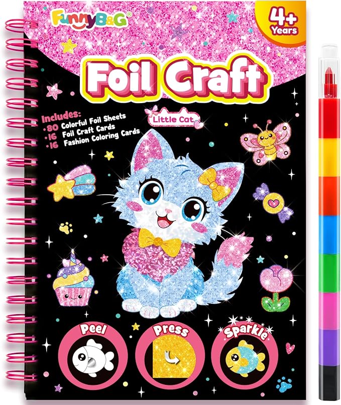 FUNNYB&G Foil Art Craft Kit for Girls 4-10 Years Old: Mess-Free & No-Glue, Create 16 Sparkly Cute Little Cat Pictures – Perfect Travel Toy & Birthday Gift for Kids (Little Cat)