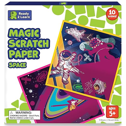 READY 2 LEARN Magic Scratch Paper - Space - 10 Vibrant Scenes - Scratch Art for Kids - Reveal Colorful, Outer Space Designs