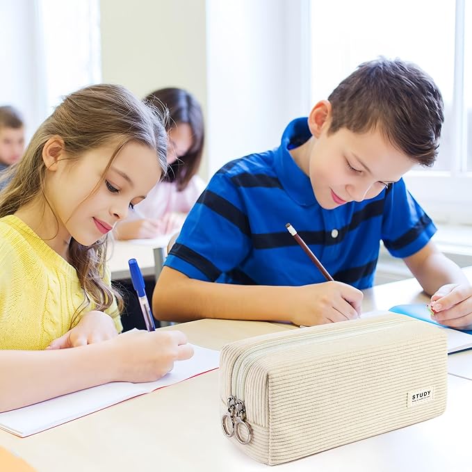 KALIDI Large Pencil Case Corduroy Pencil Pouch Box Cute School Supplies for Teen Girls Boys, Beige