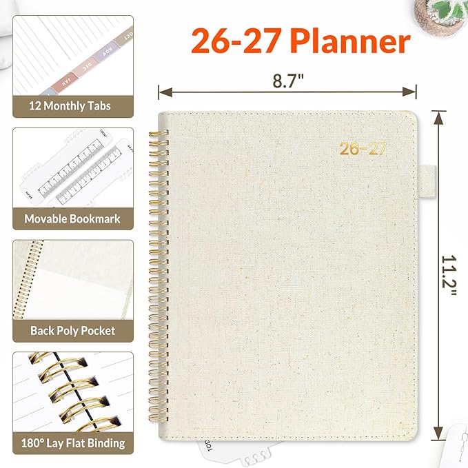 SUNEE 2026-2027 Weekly & Monthly Planner 9"x11.2" - 12 Month (July 2026 - June 2027), Vegan Leather Cover Planner Academic Year Calendar, Pocket, Notes, Monthly Tab, Beige