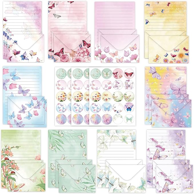 160 Pcs Stationery Paper Envelopes Set Includes 50 Lined Writing Paper & 50 Envelopes with 60 Round Dot Stickers, Cute Vintage Butterfly Letter Writing Stationery Paper Envelopes Gift(10Style)