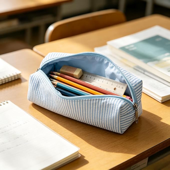 Pencil Case, Pencil Pouch for Women, Pencil Case Small, Pencil Pouch Aesthetic (Striped blue)