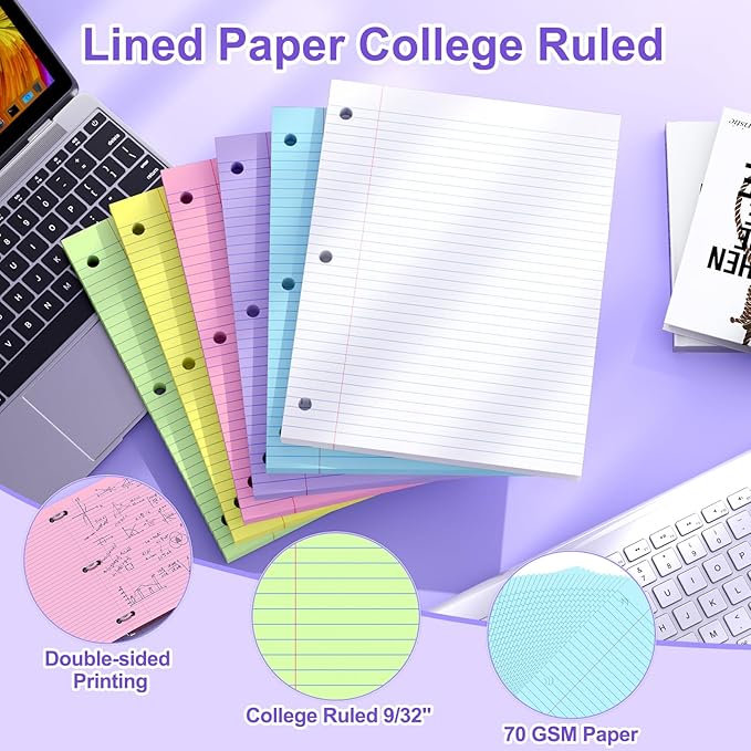 720 Sheets Loose Leaf Paper, 8x10.5 College Ruled, Notebook Paper for 3 Ring Binders, Colored Notebook, 3 Hole Punch Paper, 120 Sheets/Color