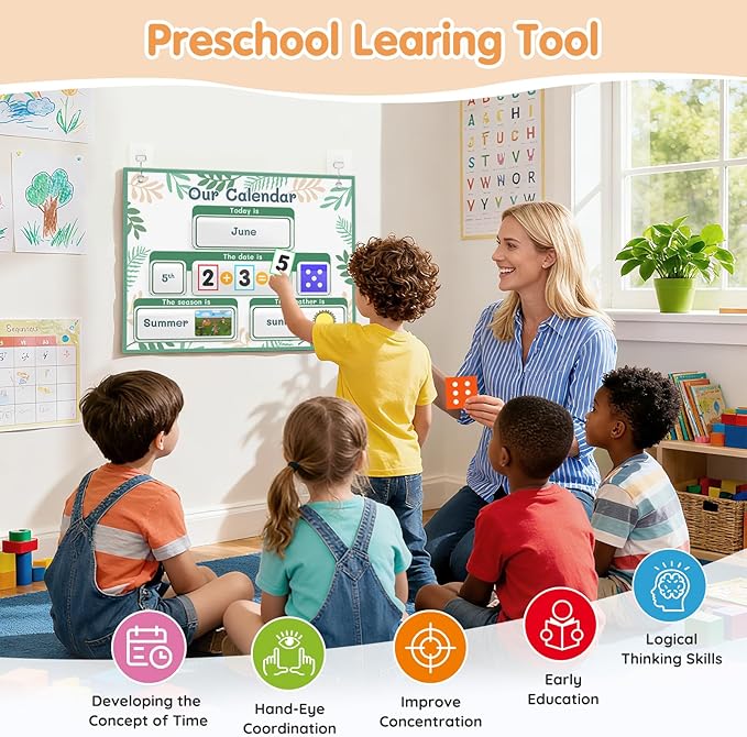 AKAYOK Classroom Calendar Pocket Chart with 70 Cards - Circle Time Calendar 2024-2028 with 2 Storage Pockets, Kids Calendar Perfect for Preschool and Homeschool Learning (Green Leaves)