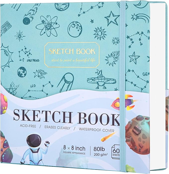 FLYING EAGLE Blue Sketchbook for Kids, 8"X 8" Square Sketch Book & Drawing Pad, 60 Sheets/120 Pages, 120lb/200GSM Heavy Paper, Bleed-Resistant Hardcover Drawing Book for Girls Teens, Gift Boxed
