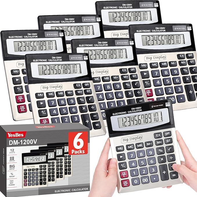 6 Pack Calculator Bulk, Calculators Desktop 12 Digit Extra Large LCD Display with Sensitive Butto, Solar and Battery Dual Power, Desk Calculator for Office, School, Home
