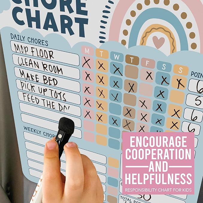 Hadley Designs Magnetic Chore Chart for Kids – Reward Chart for Kids, Dry Erase Responsibility Board for Children at Home, Fridge Behavior Tracker for Daily & Weekly Tasks, Boho Toddler Chore Board