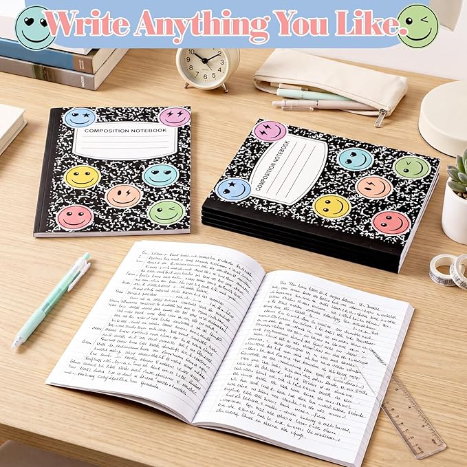 Eaasty Composition Notebook Wide Ruled Paper Assorted Marble Aesthetic Composition Notebook 100 Page 7.5" x 9.75" Journal Gift for Back to School First Day of School Students Teacher (6 Pcs,Smile)