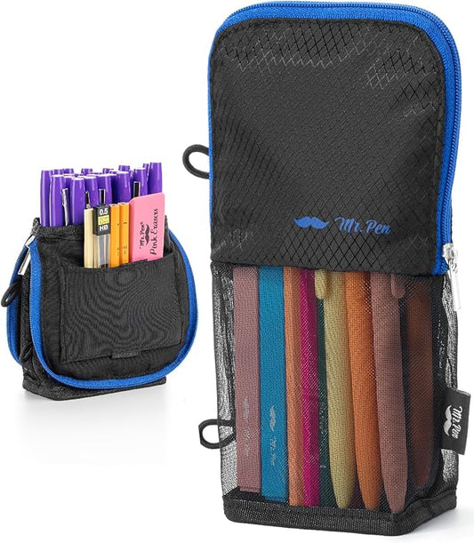 Mr. Pen- Standing Pencil Case Pouch, Sit & Lay Mesh-View Design, Black with Blue Zipper, Interior Pocket & 2 Elastic Binder Loops, Cute Pencil Case for Girls and Boys