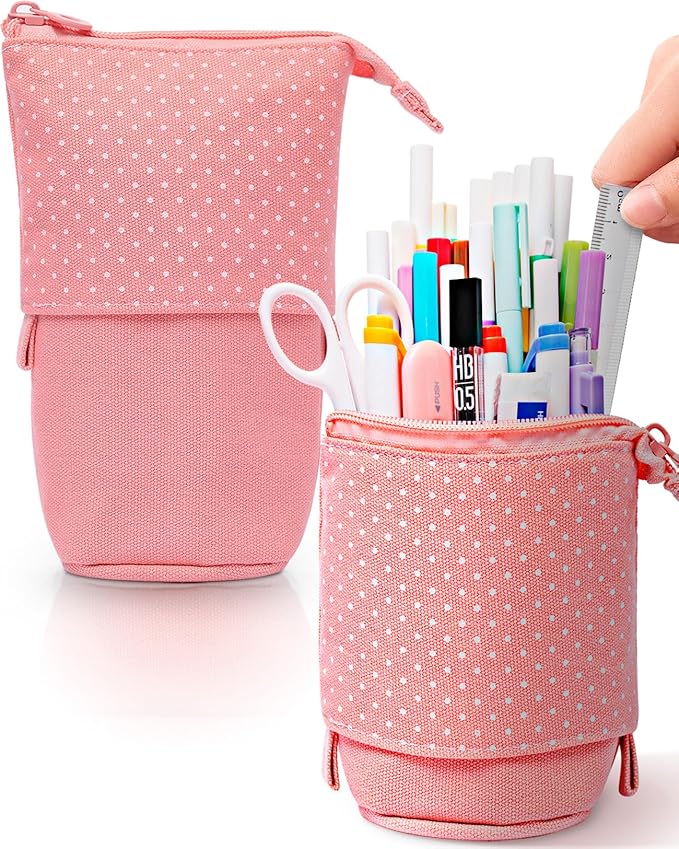 Sooez Standing Pencil Case, Cute Stand up Pencil Pouch, Telescopic Pen Pouch, Portable Pencil Holder, Kawaii Stand up Pencil Case, Spacious Pencil Pouch Bag for School Office Supplies, Pink