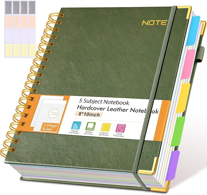 Hardcover Large Spiral Notebook journal with Removable Dividers Tabs, 300 pages Leather 5 Subject Notebook College Ruled, 8" x 10"Journal for Women Men, Notebooks for Work School Note taking,B5 Green