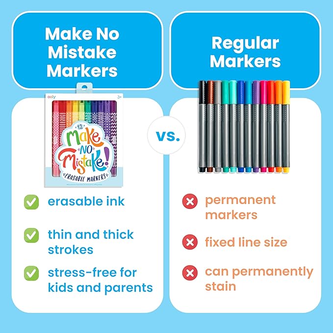 Ooly Make No Mistake Erasable Markers, 12 Stress and Mess Free Marker Pack You Can Erase, Drawing & Coloring Pens for Kids and Adults, Colorful Supplies for Any Arts & Crafts