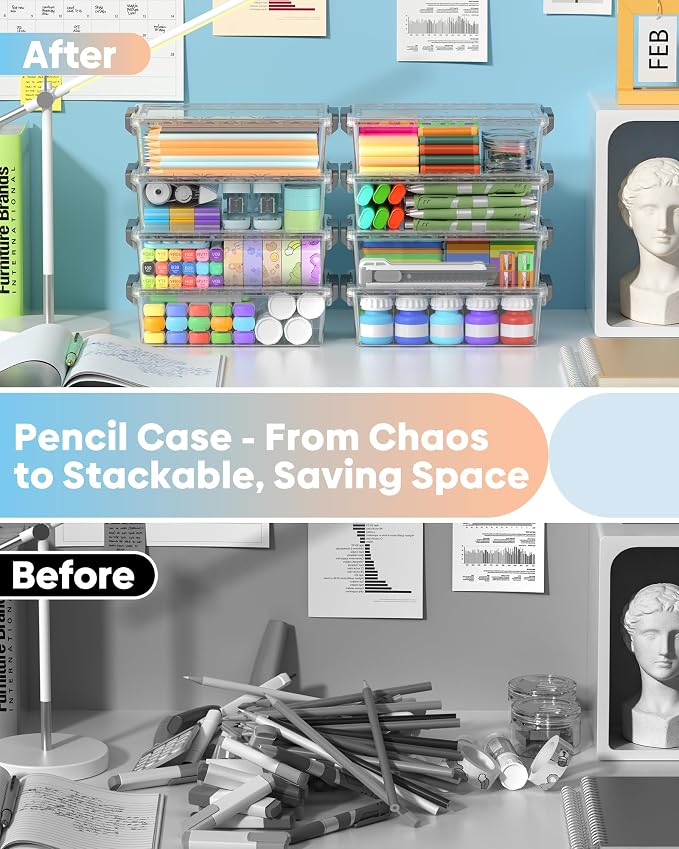 BiuLeon 8 Pack Large Pencil Box Set, Plastic Clear Pencil Case Marker Organizer, Crayon Box Craft Organizers, Stackable Storage Containers with Lid for Pen, Art and Craft Supplies(Grey)