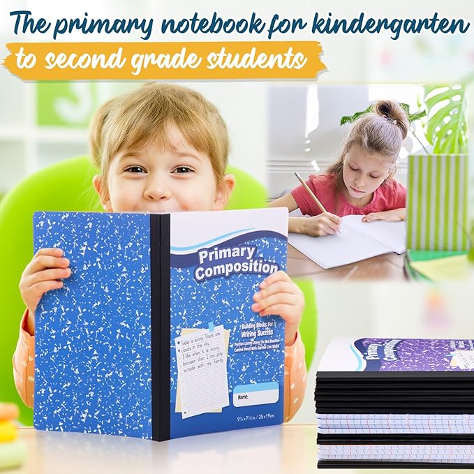 Watersay 120 Pack Primary Ruled Composition Notebook, Grade K-2 Journal 50 Sheets, 7-1/2" x 9-3/4" Primary Composition Book Writing Notebook for Kids Kindergarten Preschool 1st 2nd Grad (Multicolor)