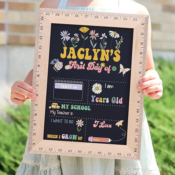 First Day of School Sign (11.5"x15"), Reusable Chalkboard, Easy to Clean with Real Wooden Ruler Frame, Perfect for Back to School, First Day of Kindergarten (Groovy Flowers)