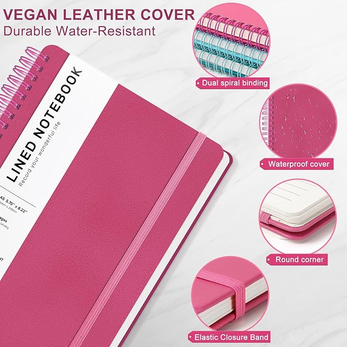 Lined Spiral Journal Notebook with 160 Pages, 8×5.7in, A5 Spiral Notebook, Journaling Notebooks for Work, School, Women, Men, College Ruled Spiral Notebook, Hardcover Leather Journals, Deeppink