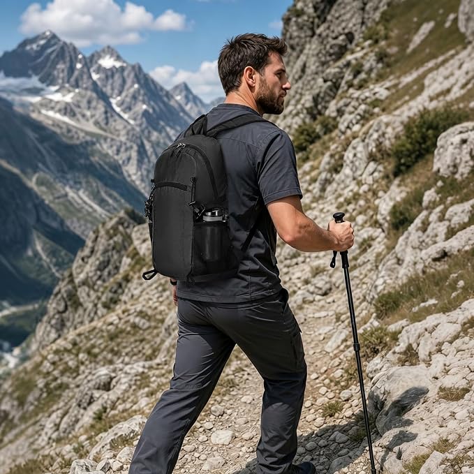 30L Large Hiking Daypack, Foldable Outdoor Backpack, Black | Packable Daypacks for Men Women, Lightweight Water-Repellent Collapsible Daypack for Commuting Outdoor Sports Camping
