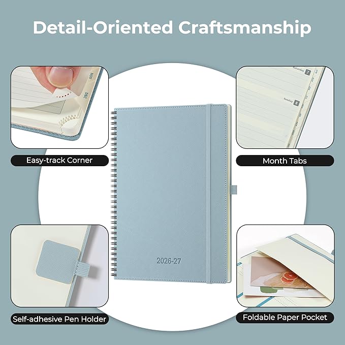 Planner 2026-2027 Daily Weekly and Monthly,11.5"x8.5",18 Months Spiral Bound Calendar Agenda with Self-adhesive Pen Holder,2026 Academic Plan with Vegan Leather Soft Cover,Dusty Blue