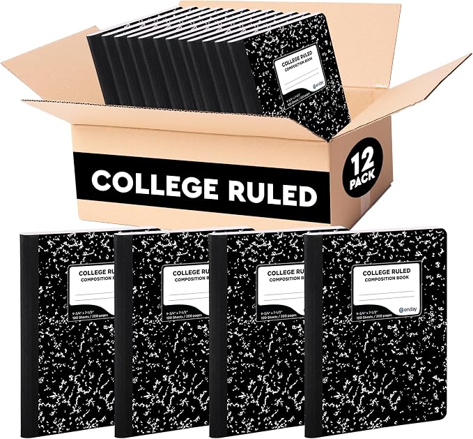 Enday Composition Notebook Hard Cover Marble composition notebook, 100 Sheets, Composition Notebooks, White Paper Composition books, Black and white composition notebook. (12 Pack, College Ruled)