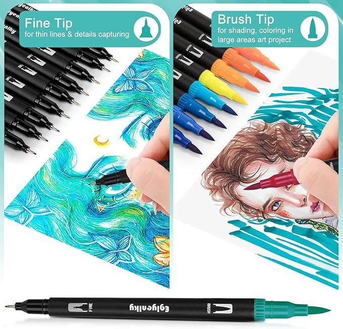 Eglyenlky 60 Coloring Pens for Adult Coloring Books, Dual Tip Brush Pens, Felt Markers with Fine and Brush Watercolor Marker Set for Kid Adult Artist Drawing
