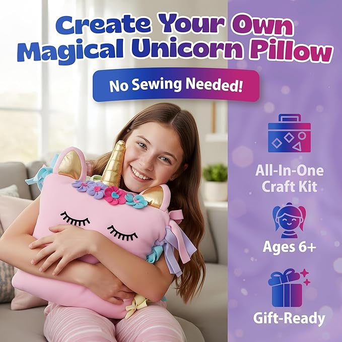 Unicorn Pillow Kit - No Sew Unicorn Craft Kit - Gifts for Girls, Arts and Crafts for Kids Ages 4-8 - Unicorn Toys for 6 Year Old Girl Gifts, Birthday, Easter, Toddlers, Teens