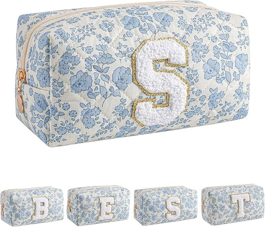 JOVAKIT Alphabet Makeup Bag Cosmetic Bag for Women, Christmas Gifts for Girls Age 6-18, Floral Flowers Coquette Travel Toiletry Zipper Make Up Pouch Organizer Trendy Stuff (Blue Floral S)