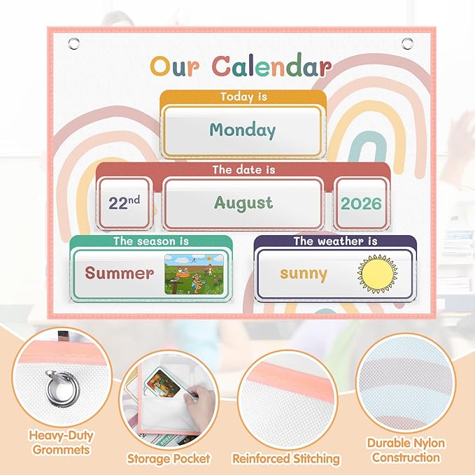 AKAYOK Classroom Calendar Pocket Chart with 70 Cards - Circle Time Calendar 2024-2028 with 2 Storage Pockets, Kids Calendar Perfect for Preschool and Homeschool Learning