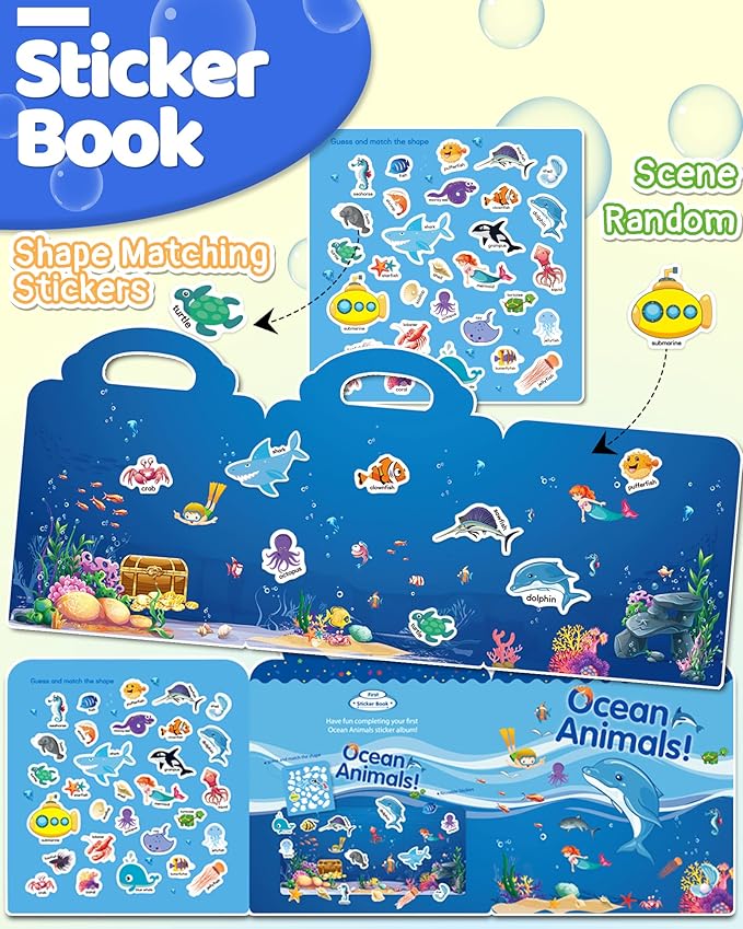 Benresive Reusable Sticker Book for Toddlers, Travel Stickers for Kids, Toddler Crafts Activities Toys, Birthday Gifts for Boys & Girls - Ocean Animals