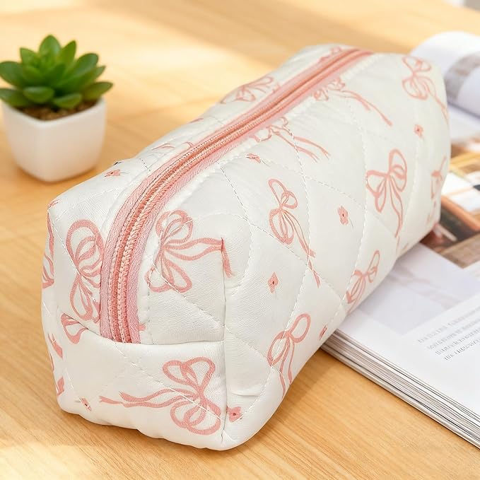 Carry bloom Pencil Pouch Cute Pencil Case for Girls Aesthetic Pencil Bag with Zipper Pen Cases School Supplies Makeup Bag (Bow ribbon)