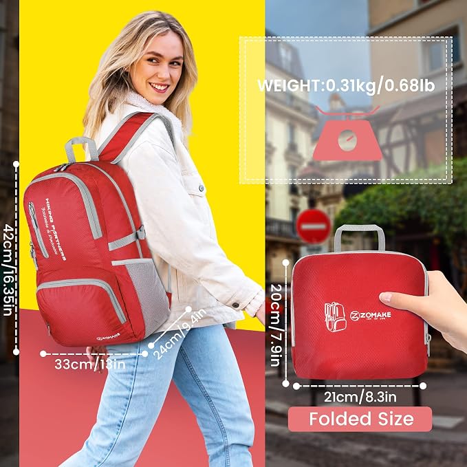 ZOMAKE Lightweight Packable Backpack, Water Resistant Foldable Daypack 35L | Light Hiking Backpacks Collapsible Day Pack for Travel, Everyday Carry, Multi Compartment Storage, Adjustable Strap (Red)