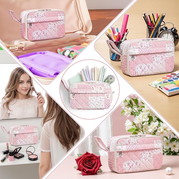 WOBAGMEN Quilted Pencil Pouch for Girls Women, Large Pencil Case Pouch with Compartments Cute Aesthetic Pencil Case Organizer, Floral Pencil Bag for School Supplies (Pink Patchwork)