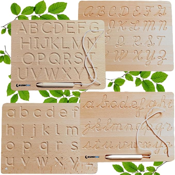 Montessori Pre Writing | Numbers | Print | Cursive | Alphabet Tracing Board with Wooden Pen