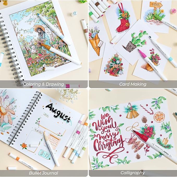Ohuhu Water-based Markers for Adult Coloring Books No Bleeding 64 Colors Dual Tips Coloring Markers for Kids Adults Beginners Drawing Pens for Journaling Lettering (Brush & Chisel)
